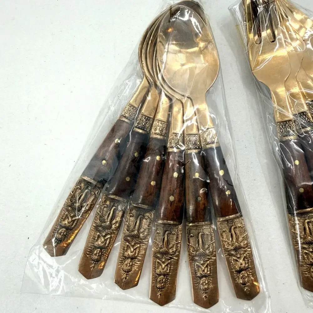 CKE L. Bronze & Wood Thailand 12pc Demitasse Spoon & Appetizer Fork Set MCM